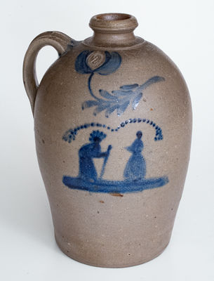 Exceedingly Rare and Important Morgantown, WV Stoneware Jug w/ Cobalt Indian Chief and Woman Scene