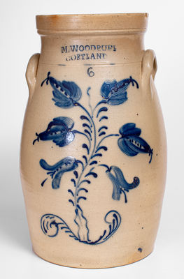 Fine Six-Gallon M. WOODRUFF / CORTLAND, New York Stoneware Churn w/ Elaborate Flowering Plant Decoration