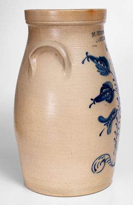 Fine Six-Gallon M. WOODRUFF / CORTLAND, New York Stoneware Churn w/ Elaborate Flowering Plant Decoration