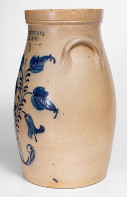 Fine Six-Gallon M. WOODRUFF / CORTLAND, New York Stoneware Churn w/ Elaborate Flowering Plant Decoration