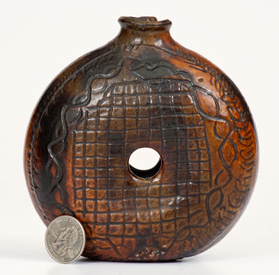 Rare Glazed Redware Ring Flask w/ Elaborate Incised Decoration, probably PA, late 18th or early 19th century