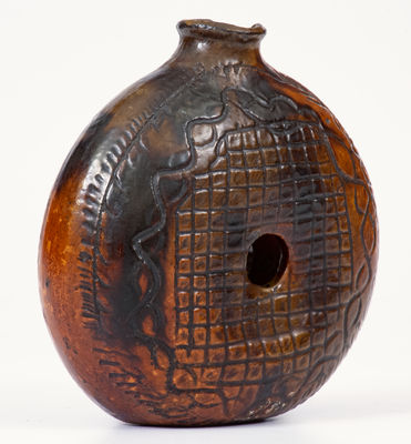 Rare Glazed Redware Ring Flask w/ Elaborate Incised Decoration, probably PA, late 18th or early 19th century