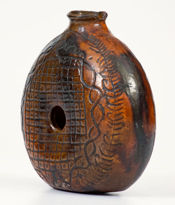 Rare Glazed Redware Ring Flask w/ Elaborate Incised Decoration, probably PA, late 18th or early 19th century