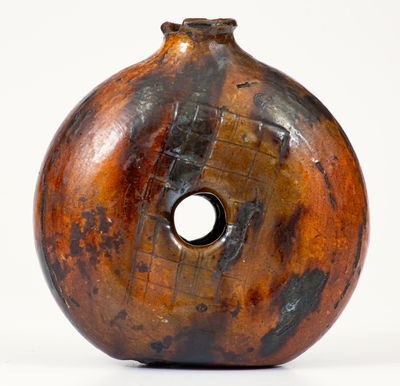 Rare Glazed Redware Ring Flask w/ Elaborate Incised Decoration, probably PA, late 18th or early 19th century