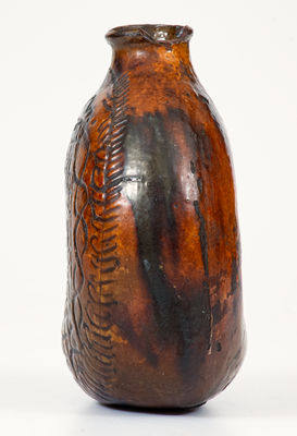 Rare Glazed Redware Ring Flask w/ Elaborate Incised Decoration, probably PA, late 18th or early 19th century