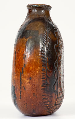 Rare Glazed Redware Ring Flask w/ Elaborate Incised Decoration, probably PA, late 18th or early 19th century