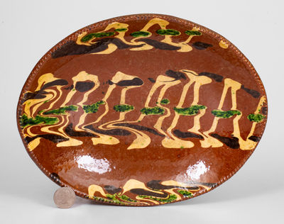Exceptional Small-Sized Norwalk, CT Redware Loaf Dish w/ Three-Color Slip Decoration