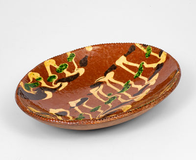 Exceptional Small-Sized Norwalk, CT Redware Loaf Dish w/ Three-Color Slip Decoration