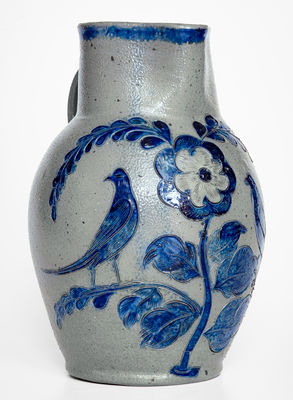 Exceedingly Rare and Important Henry Remmey (Baltimore) Stoneware Pitcher w/ Elaborate Incised Bird Scene