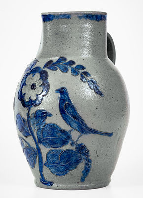 Exceedingly Rare and Important Henry Remmey (Baltimore) Stoneware Pitcher w/ Elaborate Incised Bird Scene