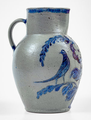Exceedingly Rare and Important Henry Remmey (Baltimore) Stoneware Pitcher w/ Elaborate Incised Bird Scene
