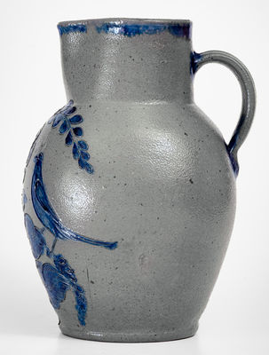 Exceedingly Rare and Important Henry Remmey (Baltimore) Stoneware Pitcher w/ Elaborate Incised Bird Scene