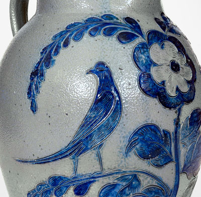 Exceedingly Rare and Important Henry Remmey (Baltimore) Stoneware Pitcher w/ Elaborate Incised Bird Scene