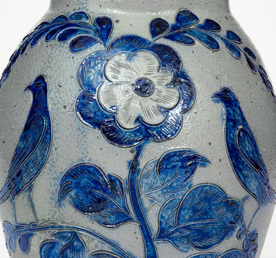 Exceedingly Rare and Important Henry Remmey (Baltimore) Stoneware Pitcher w/ Elaborate Incised Bird Scene