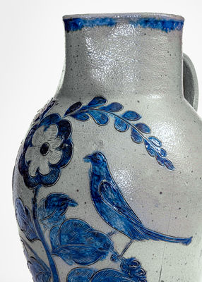 Exceedingly Rare and Important Henry Remmey (Baltimore) Stoneware Pitcher w/ Elaborate Incised Bird Scene