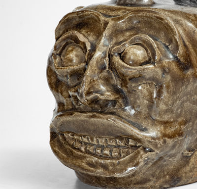 Rare and Important Edgefield District, SC Stoneware Face Harvest Jug w/ Elaborate Hand-Modeled Features