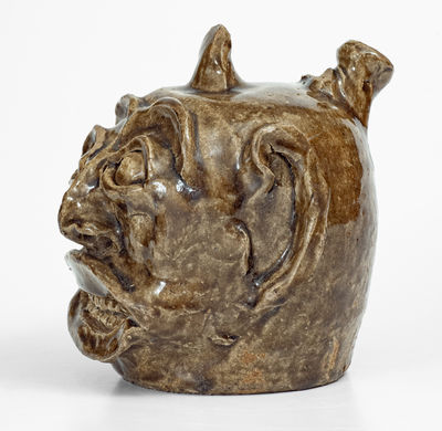 Rare and Important Edgefield District, SC Stoneware Face Harvest Jug w/ Elaborate Hand-Modeled Features