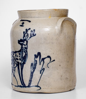 Very Fine WHITES UTICA 2 Gal. Stoneware Jar w/ Slip-Trailed Deer Decoration