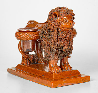 Exceptional Large-Sized Pennsylvania Redware Lion Inkstand Signed 