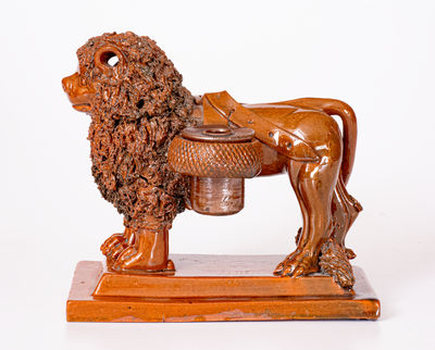 Exceptional Large-Sized Pennsylvania Redware Lion Inkstand Signed 