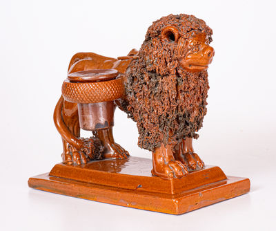 Exceptional Large-Sized Pennsylvania Redware Lion Inkstand Signed 