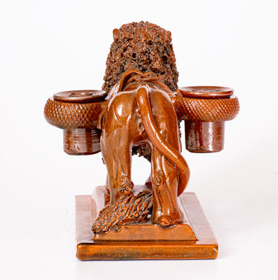 Exceptional Large-Sized Pennsylvania Redware Lion Inkstand Signed 