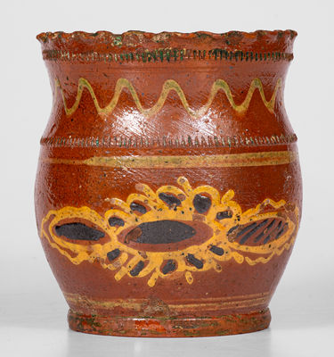Very Fine Crimped-Rim Pennsylvania Redware Jar w/ Elaborate Slip Decoration