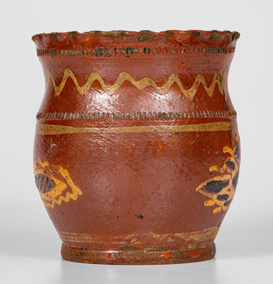 Very Fine Crimped-Rim Pennsylvania Redware Jar w/ Elaborate Slip Decoration