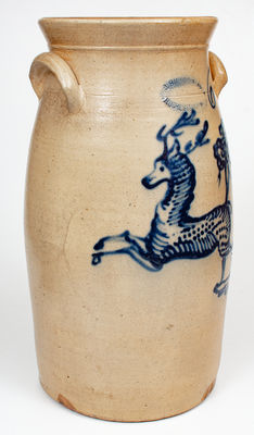 Exceptional 6 Gal. J. BURGER JR. / ROCHESTER, NY Stoneware Churn w/ Elaborate Slip-Trailed Deer Design