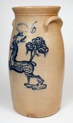 Exceptional 6 Gal. J. BURGER JR. / ROCHESTER, NY Stoneware Churn w/ Elaborate Slip-Trailed Deer Design
