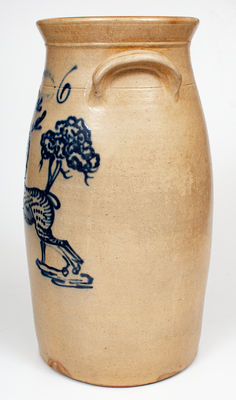 Exceptional 6 Gal. J. BURGER JR. / ROCHESTER, NY Stoneware Churn w/ Elaborate Slip-Trailed Deer Design