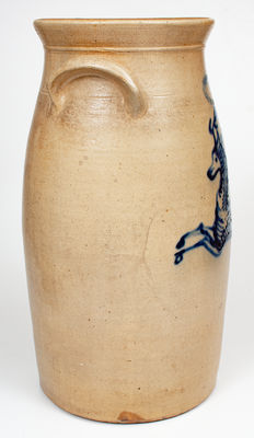 Exceptional 6 Gal. J. BURGER JR. / ROCHESTER, NY Stoneware Churn w/ Elaborate Slip-Trailed Deer Design