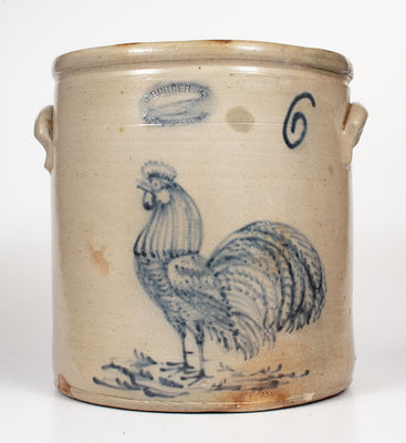 Extremely Rare and Important 6 Gal. J. BURGER JR. / ROCHESTER, NY Stoneware Crock w/ Elaborate Rooster