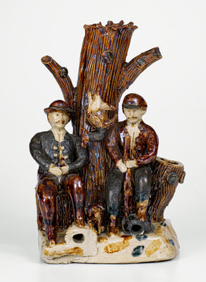 Cobalt-and-Albany-Slip-Decorated Sculpture of Two Hunters, attrib. A.P. Donaghho Pottery, Parkersburg, WV