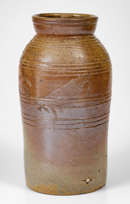 Rare and Important Chester Webster Stoneware Jar w/ Incised Bird and Fish Decoration, Randolph County, NC, 1877
