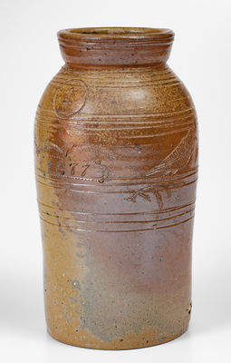 Rare and Important Chester Webster Stoneware Jar w/ Incised Bird and Fish Decoration, Randolph County, NC, 1877