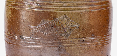 Rare and Important Chester Webster Stoneware Jar w/ Incised Bird and Fish Decoration, Randolph County, NC, 1877
