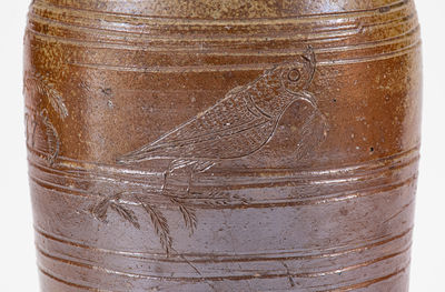 Rare and Important Chester Webster Stoneware Jar w/ Incised Bird and Fish Decoration, Randolph County, NC, 1877