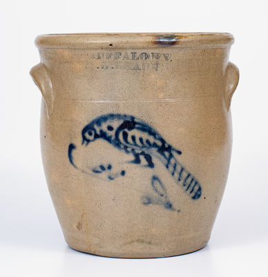 BUFFALO, NY / C. W. BRAUN Stoneware Jar w/ Slip-Trailed Bird Decoration