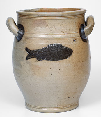 Outstanding BOSTON Stoneware Jar w/ Impressed Fish Decoration, late 18th century