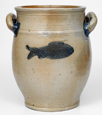 Outstanding BOSTON Stoneware Jar w/ Impressed Fish Decoration, late 18th century