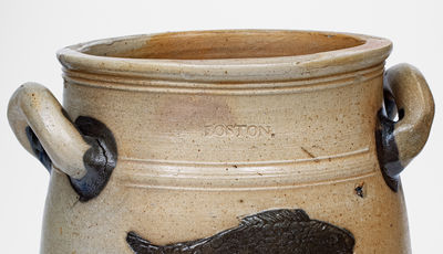 Outstanding BOSTON Stoneware Jar w/ Impressed Fish Decoration, late 18th century