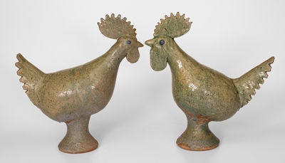 Rare Pair of Early-Period Stoneware Rooster Figures with Alkaline Glaze, Incised E.M., Edwin Meaders, Cleveland, GA, circa 1970. Dimensions (of each): H 12 1/2 ; L 11 1/2.     
