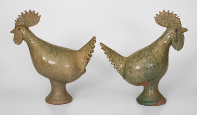 Very Fine Pair of Early Edwin Meaders Rooster Figures, Cleveland, Georgia, c1970