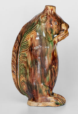 Rare Moravian Redware Squirrel Bottle w/ Tortoiseshell Glaze, Salem, NC