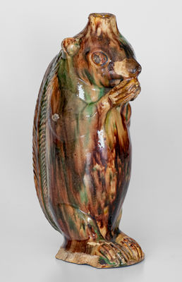 Rare Moravian Redware Squirrel Bottle w/ Tortoiseshell Glaze, Salem, NC