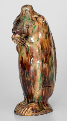 Rare Moravian Redware Squirrel Bottle w/ Tortoiseshell Glaze, Salem, NC