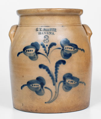 3 Gal. S. T. BREWER / HAVANA Stoneware Jar w/ Floral Decoration