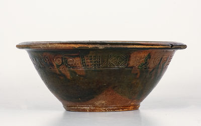 Extremely Rare Tennessee Redware Bowl w/ Coggled Decoration, attrib. C.A. Haun