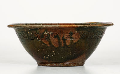 Extremely Rare Tennessee Redware Bowl w/ Coggled Decoration, attrib. C.A. Haun